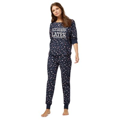 Navy floral print 'I'll sleep later' pyjama set